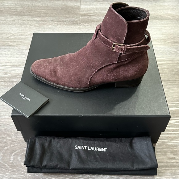 SAINT LAURENT WYATT JODHPUR DEEP BLOOD SUEDE BOOTS - Picture 3 of 12